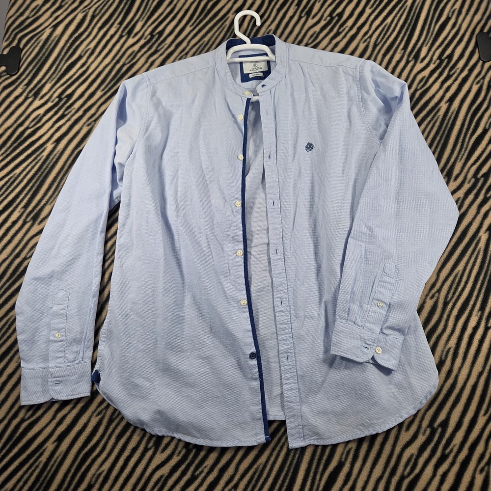 Springfield Mens XL Custom Fit Light Blue Textured Band Collar Long Sleeve Shirt